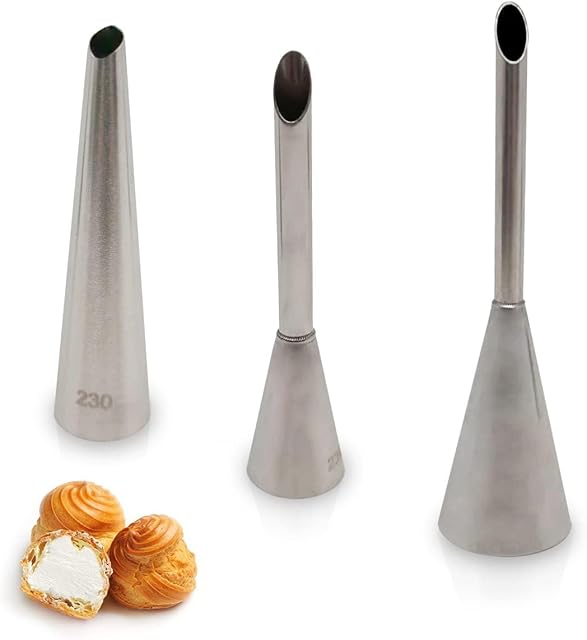 3 Pcs Piping Tips Set – Easy-to-Use & Clean Stainless Steel Frosting Tips & Eclair Piping Tip for Cream Puff, Donut & Eclair Decoration – Different Sizes, Lightweight & Durable