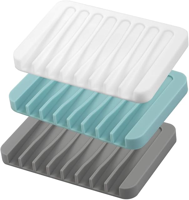 3PCS Self Draining Soap Holder, Premium Silicone Soap Dish, Soap Saver for Shower, Bathroom, Kitchen, Bath Tub, Sponges, Keep Soaps Bars Dry Clean, Easy Clean, Extend Soaps Life
