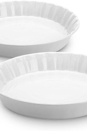 Brew To A Tea - Classic White Ceramic Pie Dish Set, 2 Pcs, 10.5" & 9.5", Pie Pans for Baking, Deep Dish Pie Plate