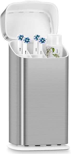 Toothbrush Holders with Cover - Electric Toothbrush Length Less Than 9 inches, 5 Slots Tooth Brush Holder for Bathroom, Detachable Toothpaste Holder Bathroom Organizers with Drainage, Silver