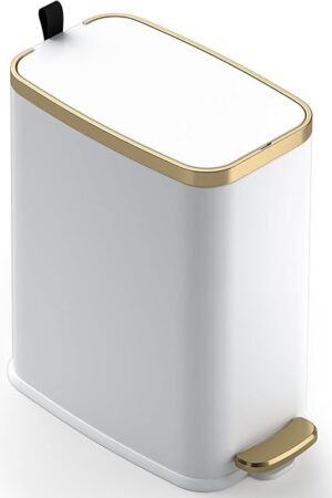 CEROELDA Small Bathroom Trash Can with Lid Soft Close-5L/1.3 Gal Slim Garbage Can-Metal Step Wastebasket-Rectangle Narrow Waste Bin for Office, Bedroom, Toilet, Live Room-White