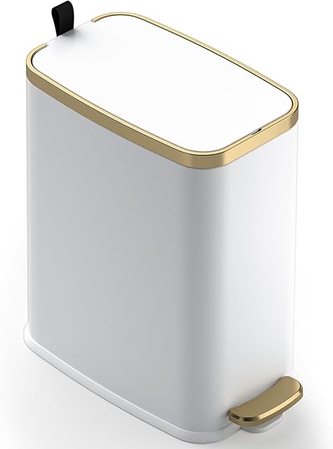 CEROELDA Small Bathroom Trash Can with Lid Soft Close-5L/1.3 Gal Slim Garbage Can-Metal Step Wastebasket-Rectangle Narrow Waste Bin for Office, Bedroom, Toilet, Live Room-White