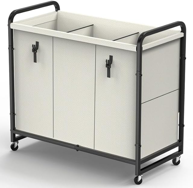 60 Gal (230L) Laundry Sorter 3 Section, Laundry Hamper Cart with Heavy Duty Rolling Lockable Wheels and Metal Handle,Laundry Basket Organizer with Removable Bag for Laundry Room and Bedroom - White
