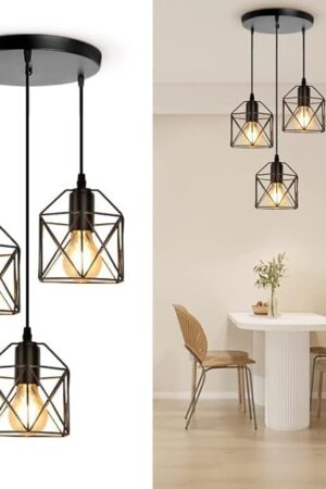 CANMEIJIA 3-Light Pendant Light Fixtures Farmhouse Industrial Black Metal Cage Pendant