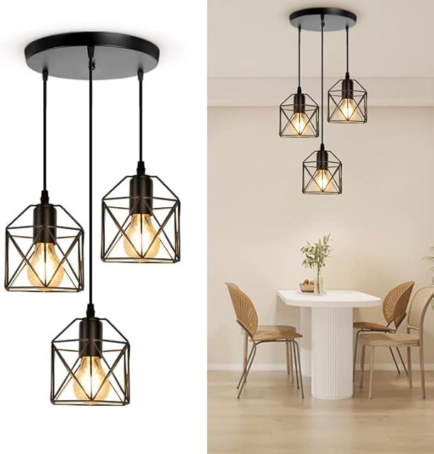 CANMEIJIA 3-Light Pendant Light Fixtures Farmhouse Industrial Black Metal Cage Pendant