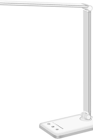 White crown LED Desk Lamp Dimmable Table Lamp Reading Lamp with USB Charging Port, 5 Lighting Modes, Sensitive Control, 30/60 Minutes Timer (White, First-Generation)