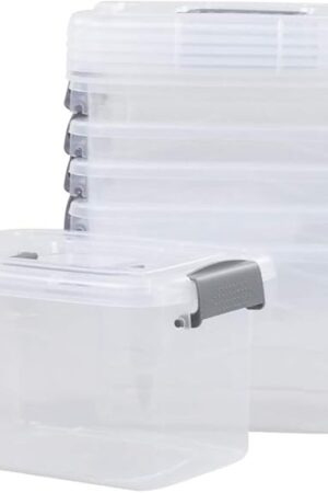 6-Pack Home Storage Bins, Plastic Container, Latching Box with Handle (Grey handle)