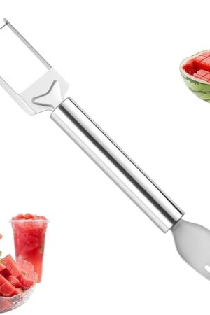 2-in-1 Stainless Steel Fruit Cutter, Watermelon Fork Slicer Tool, Watermelon Slicer and Fork, Dual Head Knife with Round Handle for Kitchen Fruit Cubes (1Pcs)