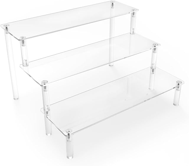 Acrylic Display Risers,Clear Display Risers Stand Small Mini Shelf 3 Tiered Cupcake Stand for Food Desserts Stand Shelves for Party Perfume Organizer Toys Figures Collections Cosmetic Products Tabletop Use