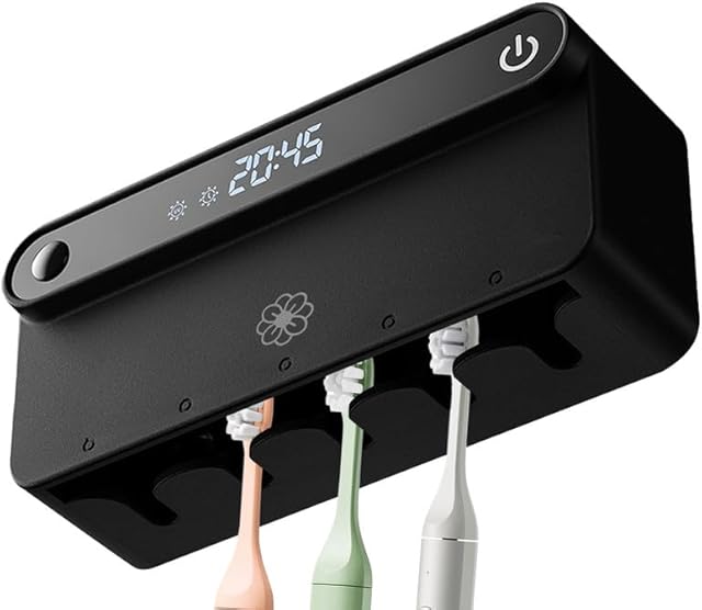 Bloom Toothbrush Sanitizer and Holder for Bathrooms, 3M Adhesive Mount, Time Display, Long-Lasting Charge, 5 Slots for Any Size Toothbrush, Black