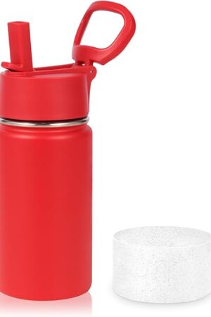 Volhoply 14oz KIds Stainless Steel Insulated Leakproof Water Bottle with Straw Lid and Silicone Boot,BPA-Free Easy Use for Boys&Girls,Double Wall Vacuum Bottles(Red,1)