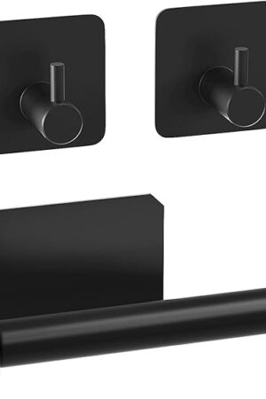 Anfly No-Drilling Toilet Paper Holder with 2 Hooks, Strong Sticky Self Adhesive Toilet Paper Holder Wall Mount, SUS 304 Stainless Steel (Matte Black)
