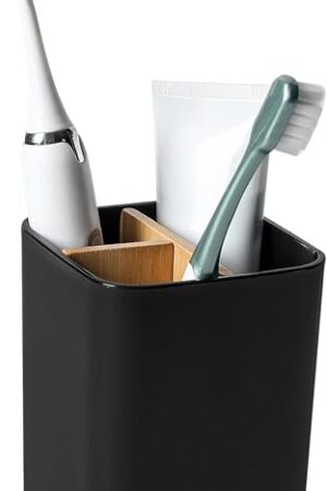 Bamboo Toothbrush Holder for Bathrooms, 3 Slots Toothbrush and Toothpaste Holder Bathroom Counter Organizer for Electric Toothbrushes, Floss, Razors - Black