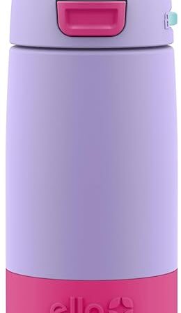 Ello Kids Colby 12oz Stainless Steel Insulated Water Bottle with Straw and Built-In Silicone Coaster Carrying Handle and Leak-Proof Locking Lid for School Backpack, Lunchbox, and Outdoor Sports