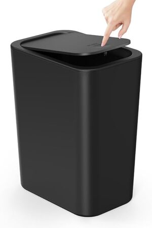 Cesun Bathroom Trash Can with Lid, 2.6 Gallon Small Black Garbage Can, Press Top Lid Trash Bin, Dog Proof Trash Cans Plastic Waste Basket for Bedroom Toilet Office