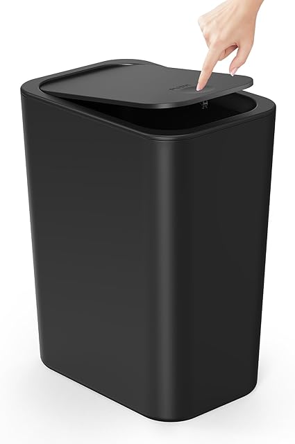 Cesun Bathroom Trash Can with Lid, 2.6 Gallon Small Black Garbage Can, Press Top Lid Trash Bin, Dog Proof Trash Cans Plastic Waste Basket for Bedroom Toilet Office