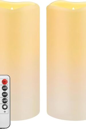 Waterproof Flameless Remote Control Candles 2PACK(D3''*H5.5'')Battery Operated Flickering LED Pillar Candle,plastic with 10-Key 24Hours Timer for Outdoor/Indoor Party Garden Lanterns Porch Ivory
