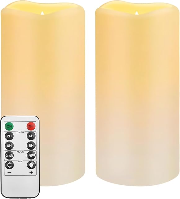 Waterproof Flameless Remote Control Candles 2PACK(D3''*H5.5'')Battery Operated Flickering LED Pillar Candle,plastic with 10-Key 24Hours Timer for Outdoor/Indoor Party Garden Lanterns Porch Ivory