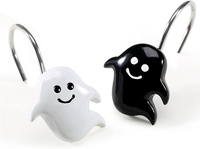 CHICTIE Halloween Shower Curtain Hooks, Black White Nightmare Decorative Shower Rings for Bathroom Shower Curtains Rods,Set of 12 Premium Rust-Resistant Shower Hooks Hangers Cute Spooky Design