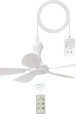 Ceiling Fan for Patio, Gazebo & Home Indoor Use, 28Inch Portable Hanging Ceiling Fan, 5 Detachable Blades, Room Hanging Fan, DC12V for Bed Tent Home Room with a 110V AC adaptor included