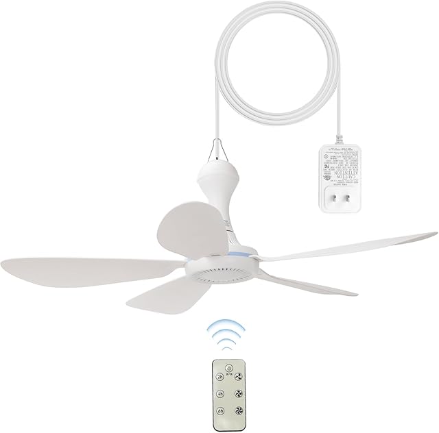 Ceiling Fan for Patio, Gazebo & Home Indoor Use, 28Inch Portable Hanging Ceiling Fan, 5 Detachable Blades, Room Hanging Fan, DC12V for Bed Tent Home Room with a 110V AC adaptor included