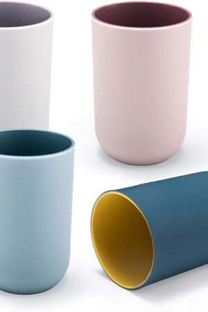 4 Pieces Plastic Bathroom Tumblers, PNDID Unbreakable Toothbrush Cup, Plastic Mouthwash Cup Toothbrush Holder (Light Gray, Dark Blue, Light Pink, Light Blue)
