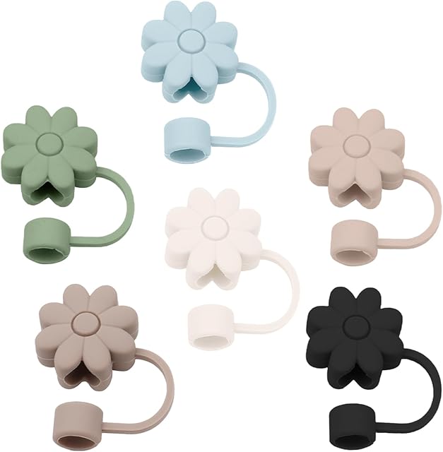 6PCS Silicone Straw Covers Toppers for Stanley Cups 30&40 Oz Tumbler Accessories Flower Straw Caps Black Blue Dust-Proof Reusable Straw Tips Protectors for Stanley Cup 10mm 0.4in Straws