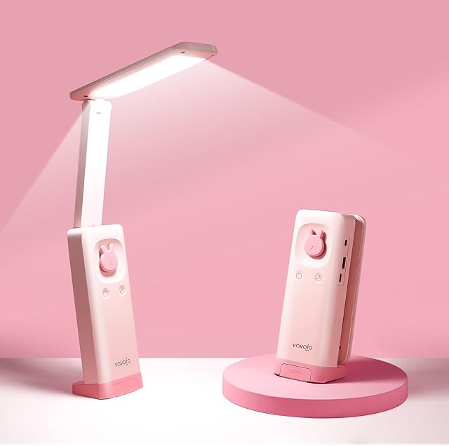 VAVOFO Desk Lamp Foldable Portable Cute Desk Lamps, Battery Powered, Built-in 6000mAh Rechargeable, 3 Color Warm, USB C Rechargeable, Cordless Desk Lamp, Battery Lamp(Pink)