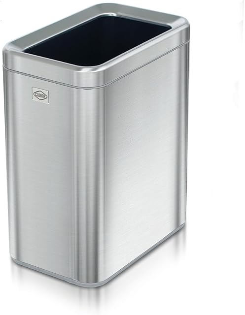 Clorox Slim Open Trash Can - 2.6 Gallon (10 Liter) Small Metal Waste Basket with Removable Bucket for Narrow Spaces - Stainless Steel Garbage Bin for Bathroom, Bedroom, or Office