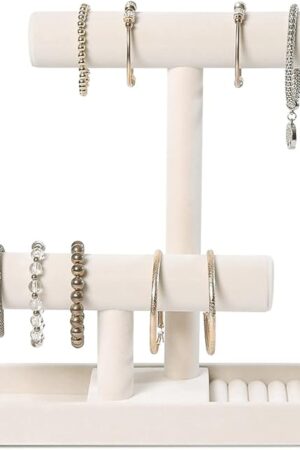 ByKen Multi-Functional 2 Tier Jewelry Holder,Necklace Bracelet Holder with Earrings Rings Tray,Jewelry Organizer Stand for Scrunchie Watches(Beige Velvet)
