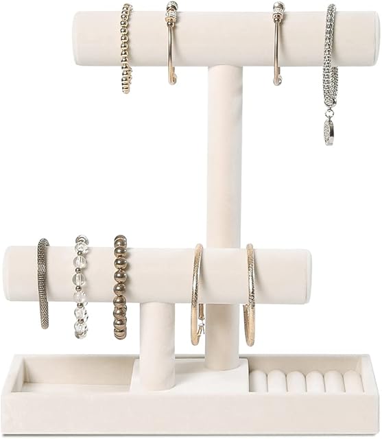 ByKen Multi-Functional 2 Tier Jewelry Holder,Necklace Bracelet Holder with Earrings Rings Tray,Jewelry Organizer Stand for Scrunchie Watches(Beige Velvet)