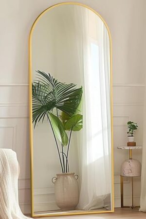 Antok Full Length Mirror, 58"x18" Floor Mirror with Stand, Hanging Mounted Mirrors for Bedroom, Living Room, Cloakroom, Dining Room, Gold, Arched