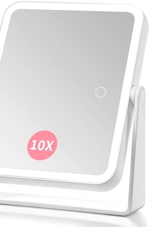 DESCHEN Rechargeable Travel Lighted Makeup Vanity Mirror with Lights and Magnification, Portable 10X/1X Magnifying Led Desk Mirror Makeup with 3 Color Light
