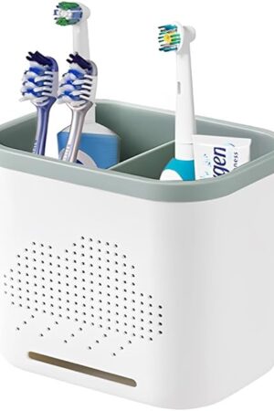 2 Slots Toothbrush Holder and Toothpaste Holder with Drain Hole, Detachable Easy Cleaning Multi-Functional Organizer Caddy Storage for Bathroom Vanity Sink Kitchen (White+Green 2 compartments)