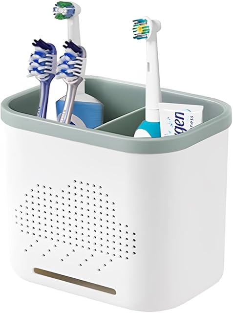 2 Slots Toothbrush Holder and Toothpaste Holder with Drain Hole, Detachable Easy Cleaning Multi-Functional Organizer Caddy Storage for Bathroom Vanity Sink Kitchen (White+Green 2 compartments)