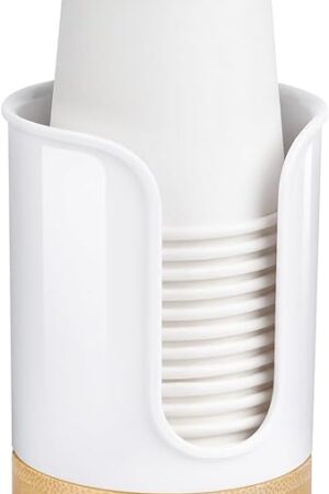 Bathroom Cup Dispenser - Small Cup Holder for Dixie 3 oz Bathroom Cups, Mouthwash Cups, 3 4 Ounce Cup Dispenser - PC/Bamboo, White, Pack of 1