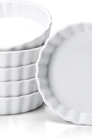 8 Oz Creme Brulee Ramekins, Porcelain Ramekins Oven Safe, Round Tart Pan Mini Fluted Quiche Dishes, Set of 6, White