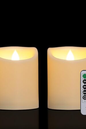 2 Pack 3" x 4" Outdoor Candles with Remote, Flickering Battery Operated LED Pillar Candles, Waterproof Flameless Candles for Home, Wedding Decor, Ivory, Plastic, Won't Melt