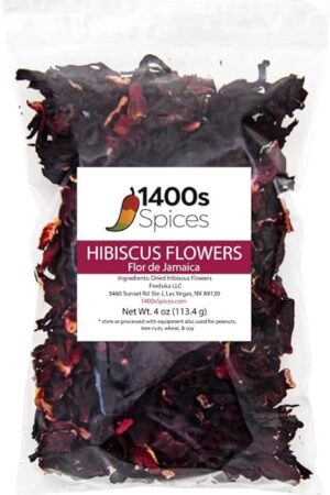 4oz Dried Hibiscus Flowers perfect for Tea and Mexican Agua Fresca, Flor de Jamaica, Whole Flowers and Petals by 1400s Spices
