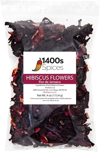4oz Dried Hibiscus Flowers perfect for Tea and Mexican Agua Fresca, Flor de Jamaica, Whole Flowers and Petals by 1400s Spices