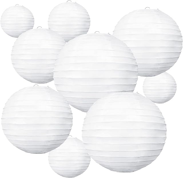 BEISHIDA 10Pcs White Paper Lanterns Decorative Chinese/Japanese Hanging Round Paper Lanterns Lamp for Birthday, Wedding, Christmas, Bridal, Home Decor, Party Decoration(Size of 4?, 6?, 8?, 10?)