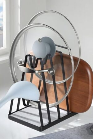 YIGII Cutting Board Organizer With Fast Drying Stone, Stainless Steel Pot Lid Holder While Cooking, Multifunctional Kitchen Counter Organizer For Spoon, Utensils, Pan, Black