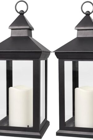 Bright Zeal 2-Pack 14" Candle Lanterns Outdoor Waterproof Decorative Lights with Timer Remote -Cool White Vintage Lantern Outdoor Decor
