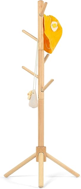 Beech Wood Kids Coat Rack - Adjustable Height Stand with 9 Hooks, Freestanding Children's Clothing Organizer for Hallway, Bedroom, Easy Assembly (Natural)
