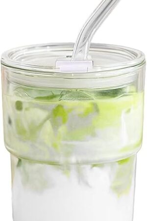 13oz Glass Tumbler with Straw and Lid Sealed, Carry On Reusable Iced Coffee Cups,Thick Wall Glass Coffee Drinking Glassware Cups