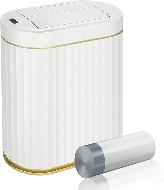 ELPHECO Bathroom Trash Can with Lid Butterfly, Motion Sensor Trash Can Bathroom Decor Automatic Garbage Can Wastebasket Bathroom Accessories, Kitchen, Living Room, Office, White Gold