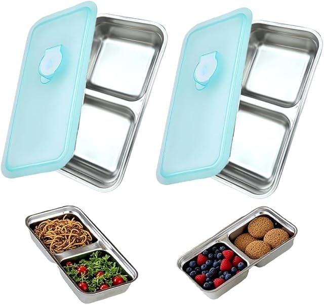 2Pcs Grab and Go Snack Containers,Stainless Steel Snack box,Reusable Condiment Containers with Lids,Dishwasher Safe,Travel & Outdoor Camping Food Storage (Two Double-Boxes)
