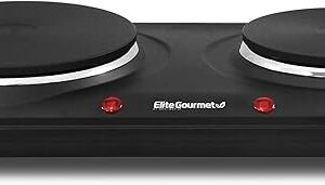 Elite Gourmet EDB-302BF Countertop Double Cast Iron Burner, 1500 Watts Electric Hot Plate, Temperature Controls, Power Indicator Lights, Easy to Clean, Black