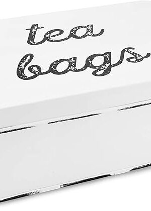 AuldHome Design Farmhouse Tea Bag Box (White), Vintage Retro Style Enamelware Tea Storage Tin