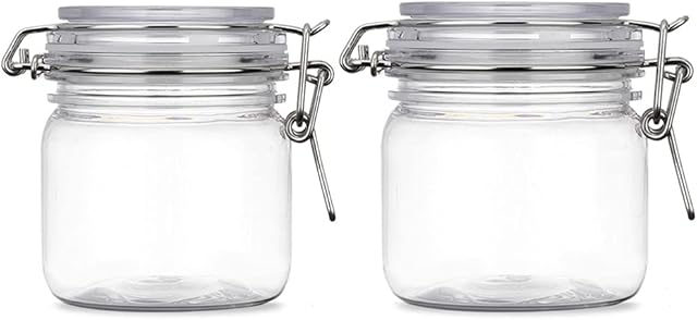 2 Pcs 10 Oz/300ml PET Plastic Storage Jars with Airtight Hinged Lids,Durable Clear Wide Mouth canning Jars for Food Storage Oats Canning Cereal Pasta Sugar Coffee Nuts Spices